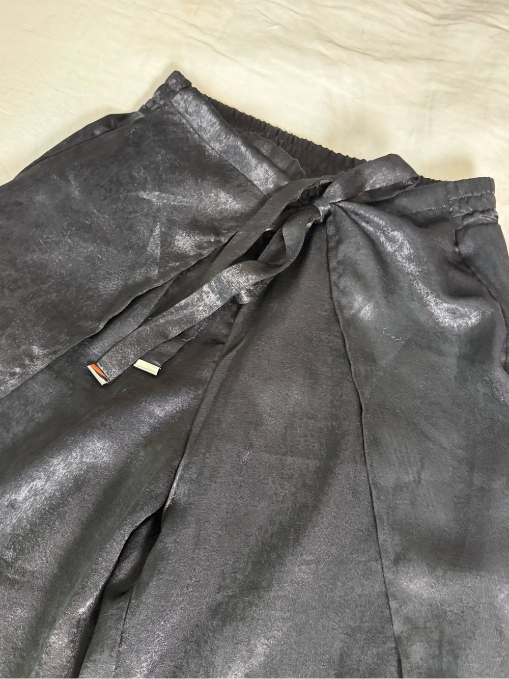 Shiny Black Wide-Leg Drawstring wrap Pants